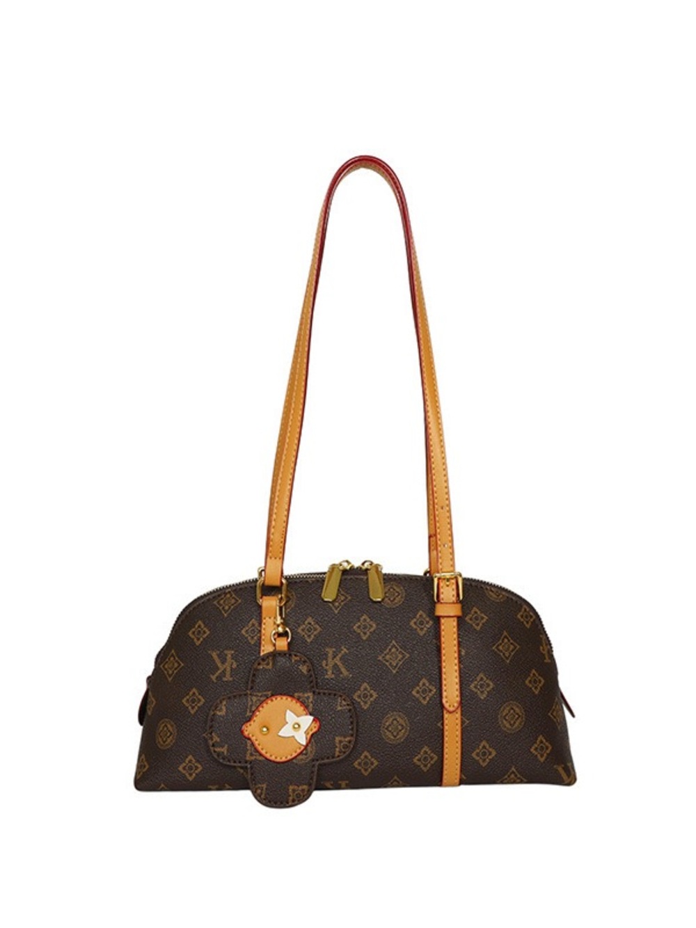 Designer Brown Monogram Shoulder Bag with Tan Straps